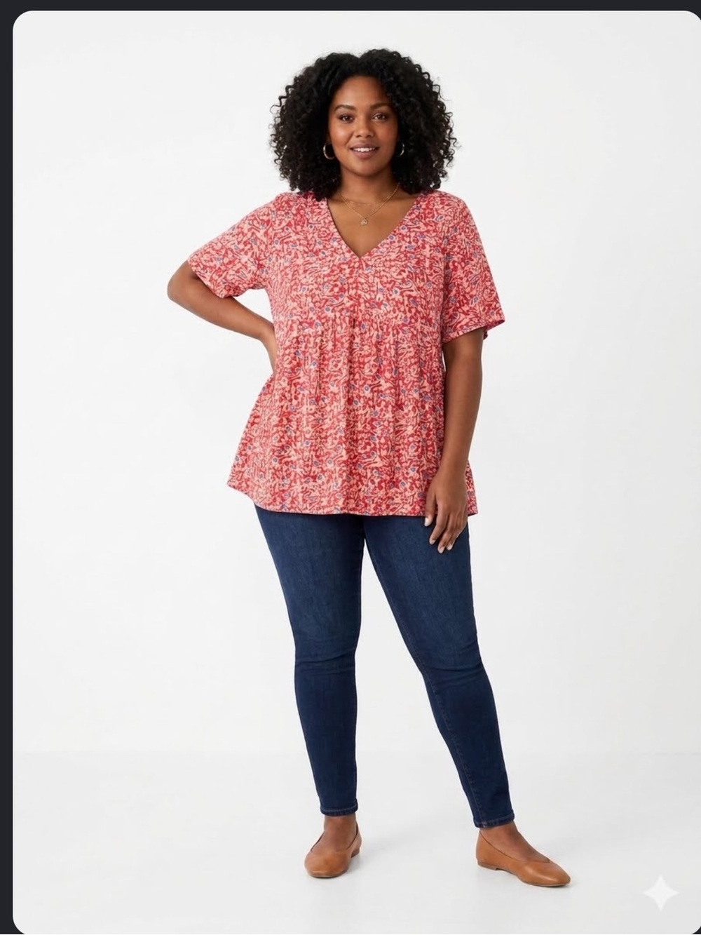 Ellos V-Neck A-Line Tunic in a vibrant red and blue floral print 5xl